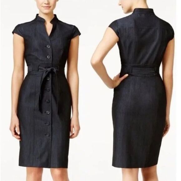 Calvin Klein M Dark Chambray Mock Neck Cap Sleeve Belted Buttoned Shirt Dress - Picture 1 of 6